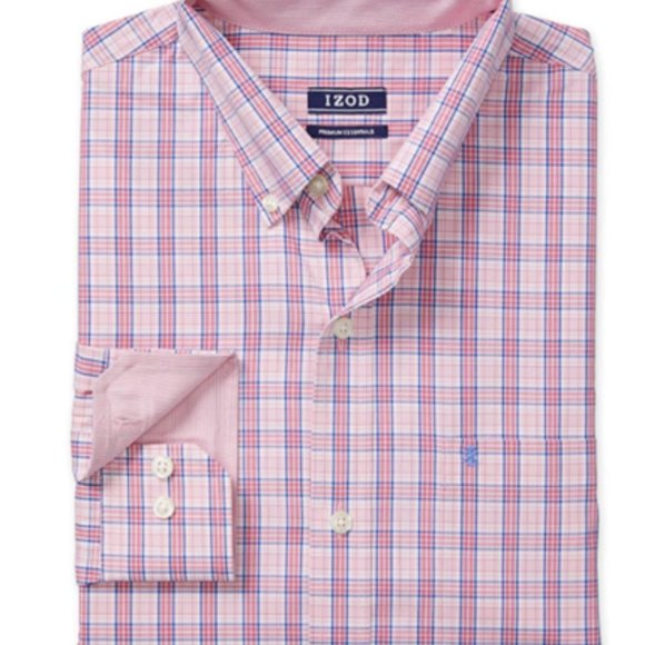 Izod Mens Flip Cuff Button Down Size S Premium Shirt Pink Blue Plaid Preppy - Picture 1 of 10